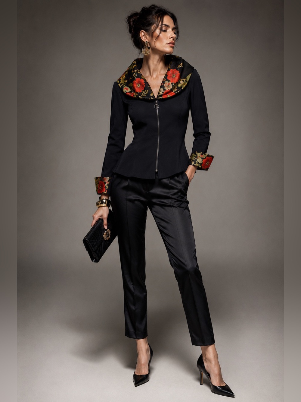 Joseph Ribkoff Sz 12 Asian Inspired Floral Brocade Double Collar Zip Jacket
